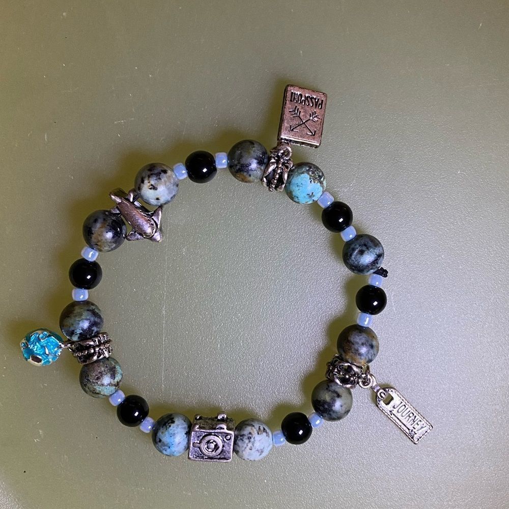 TRAVEL CHARM BRACELET Beaded CHARMS: Passport Journey Camera Earth Airplane